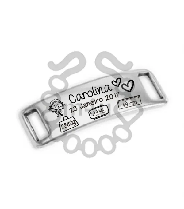 Placa para Pulseira Zamak com Gravação Dados de Nascimento | Início