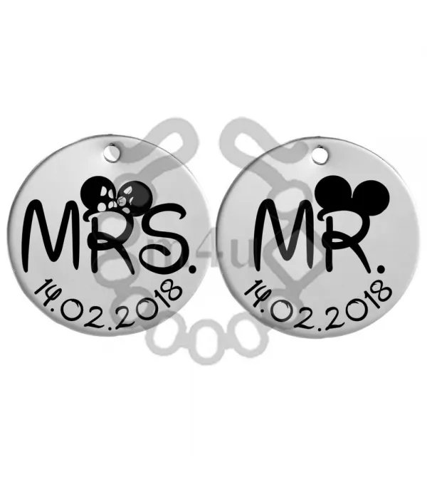 Conjunto 2 Pendentes Inox c/ Gravação Mrs. e Mr. - Minie e Mickey | Início
